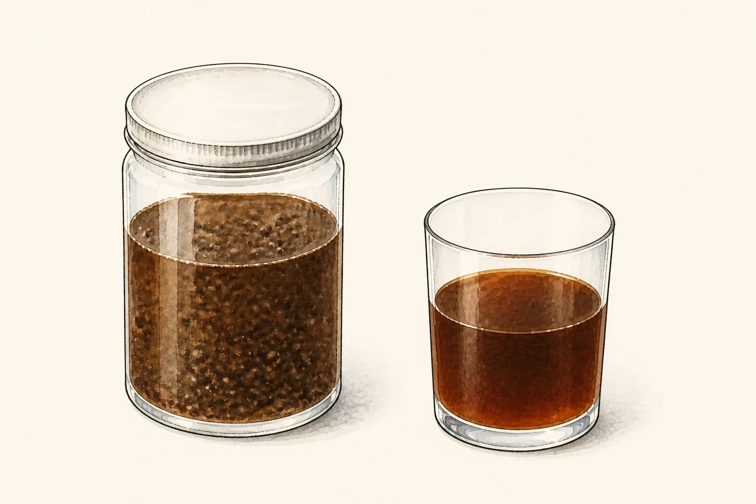 Coffee grounds immersed in cool water in a lidded jar beside a plain glass of finished cold brew