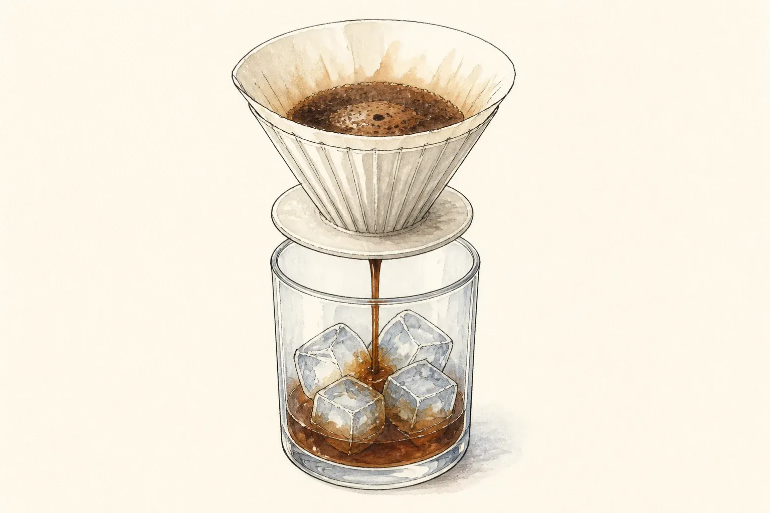 Hot coffee dripping through a paper filter into a glass server filled with ice