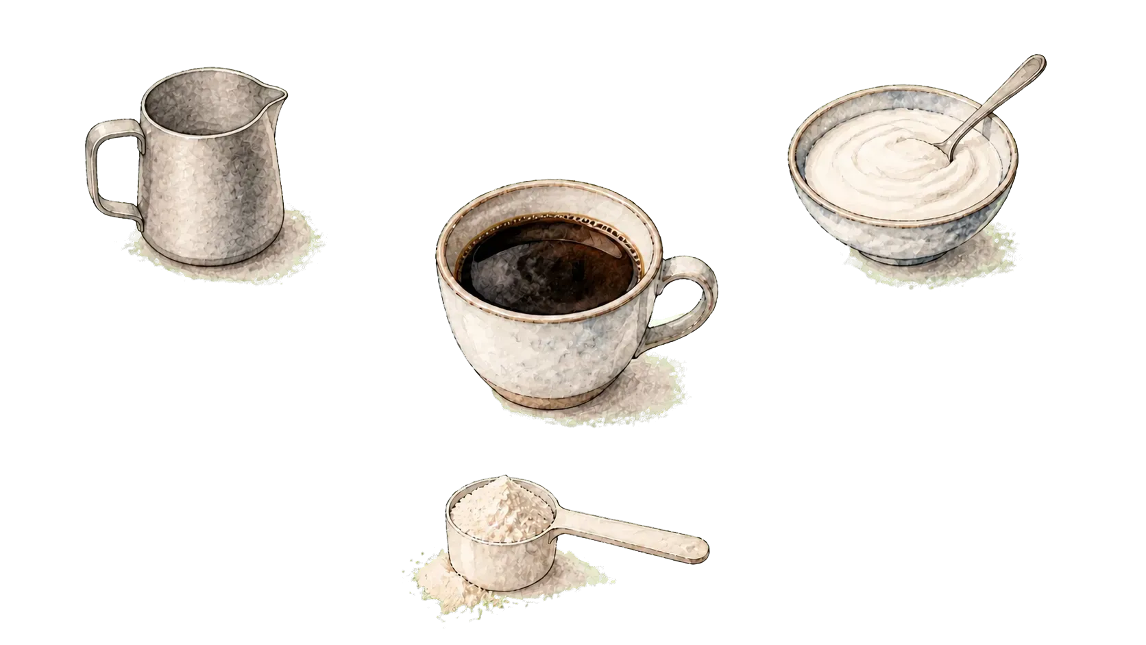 A cup of black coffee surrounded by three separate additions: a stainless-steel barista milk pitcher, a bowl of Greek yogurt, and a scoop of protein powder